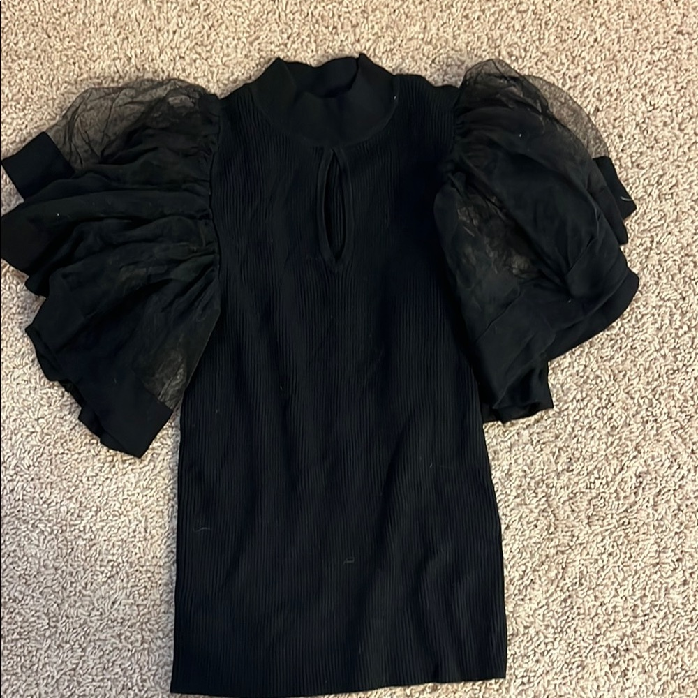 New York & Company Black Cowl Neck Sweater with Sheer Sleeves